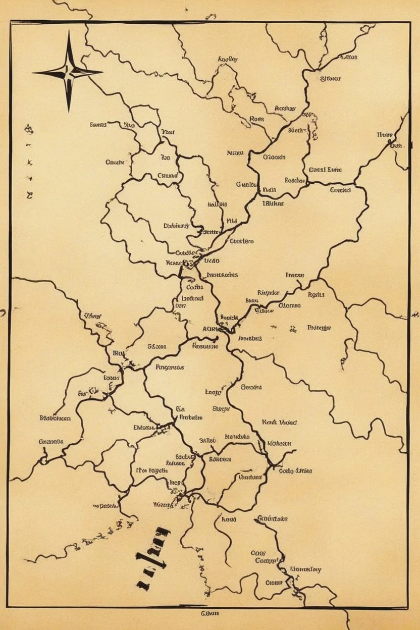 a scan of an ancient Cree Anishinaabe road map, black and white printed map that has been been stained and weathered, text is in a Cree Syllabic font