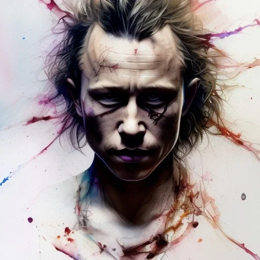 photorealistic Heath Ledger, movie, watercolor illustration by <agnes cecile> <Yoji Shinkawa>, natural tones, ornate and intricate detail , soft smooth lighting, soft pastel colors,