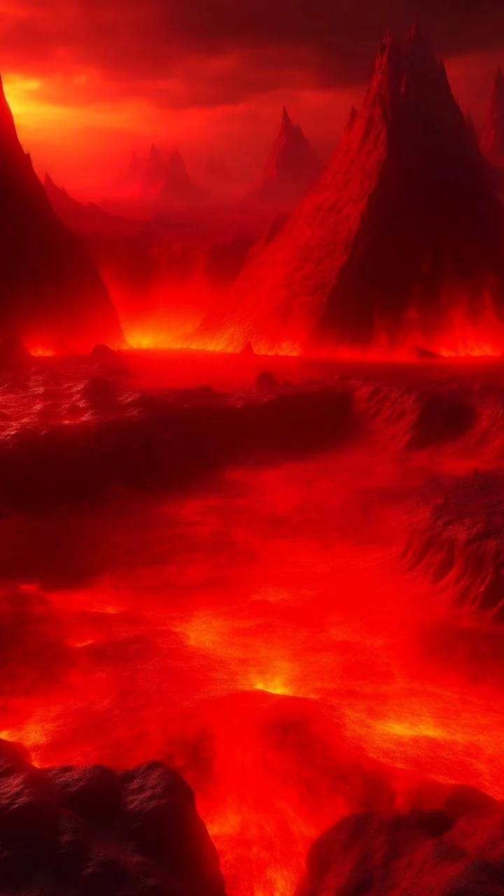 Lava lake in hell with land surrounding it, realistic close up