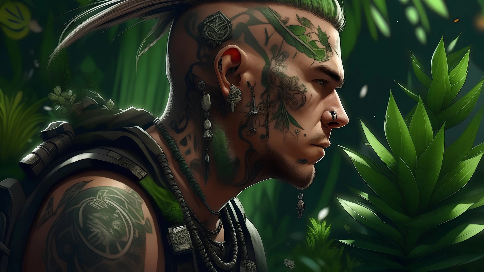 drawing, hooligan punk man, tattoo, plants, high resolution, Artstation trends, fine details, 8K