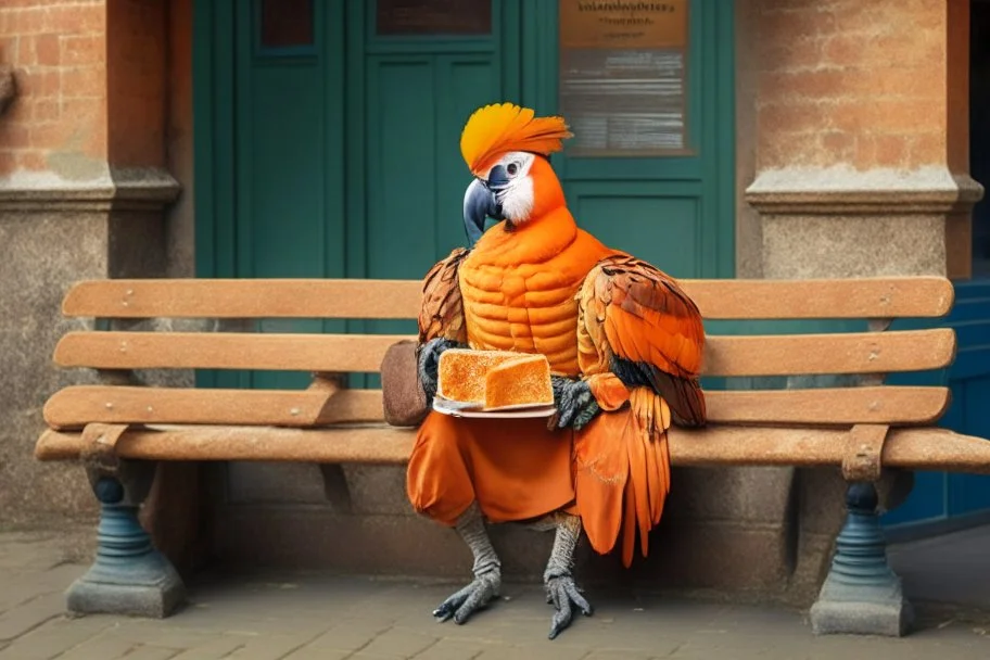 Half parrot half human in a 1700s Orange Dutch uniform siting on a bench in a Dutch city eating a loaf of bread