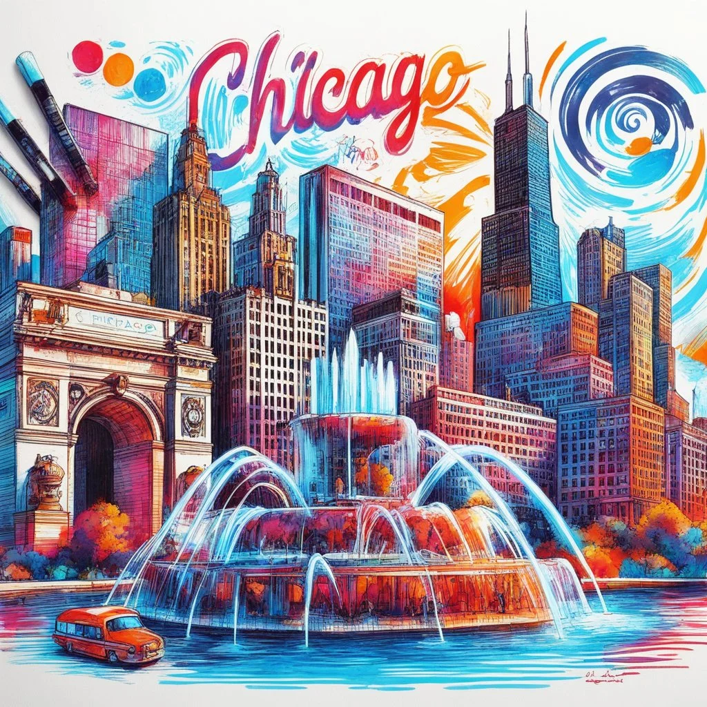 tourist poster of Chicago, Illinois in vibrant marker art style, featuring iconic landmarks such as Cloud Gate, Buckingham Fountain, Sears Tower illustrated with bold strokes, vivid colors, hand-drawn marker textures, sketch-like outlines, and coloring-book aesthetics. Include dynamic urban scenery, expressive ink shading, playful imperfections, and energetic travel-poster composition. Typography “Chicago, Illinios” prominently displayed on top in stylish retro travel font, clean poster layout,