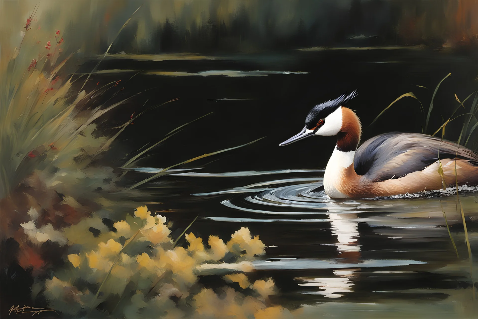 Masterpiece, best quality, Brent Heighton style painting of a great crested grebe, swimming in a ditch, painted by Brent Heighton