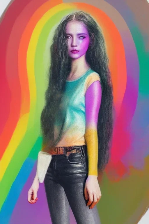 Beautiful perfect perfectly centered photorealistic lady crayon on pastel paper long hair, shiny metallic silver hair, rainbow cropped top t-shirt full-body portrait by Greg Rutkowski, medium shot