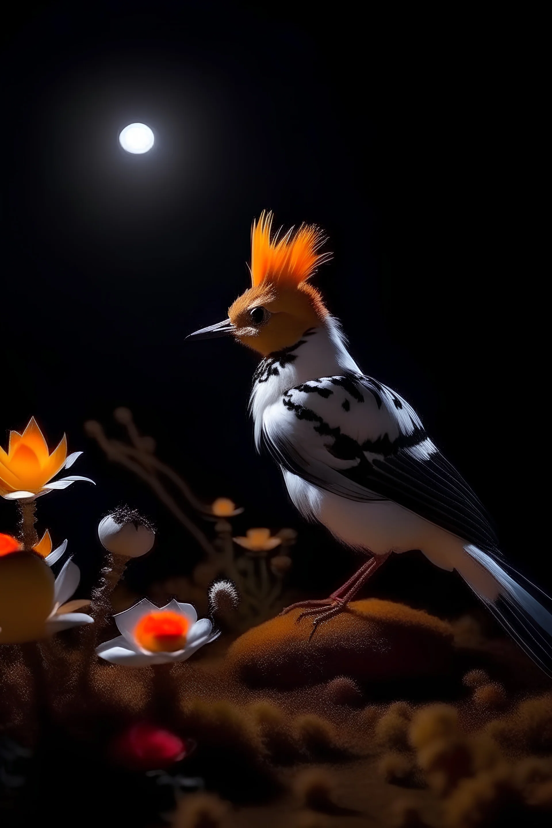 A hoopoe without color bird, stands on a dead flower at night a glowing flower