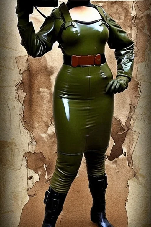 Military girls, hot. Troops. Propaganda. Steam-punk style machine, no face, head full of integrated old-fashioned cameras and phone. Army green surfaces body, latex. Perfect body, thick thighs and calves. Asa Akira body. Wide hip, skirt bleats nicely. Partly symmetrical. Straitjacket. Rusty and decayed background. Steam-plunge air-bottles. Euclidean 3D-tiling walls. 5th dimensional surface structures. Oppressive atmosphere