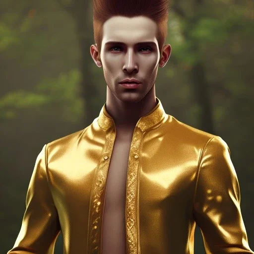 Male, Human, Blond, Sorcerer, Fire Mage, Golden Eyes, Young, Photorealism, Full Body Shot, Forest Background