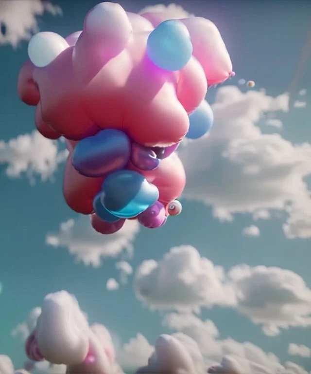 Ultra realistic clouds sky scene, wide angle, sweet childs falling down, inflatable color clothing, free jumping flying, many trinkets, monster hair, hair monster, many jelly beans, balls, smile, happy, circus style, extreme, wind, clouds sea, 20,000 feet altitude, stratosphere, soft color, highly detailed, unreal engine 5, ray tracing, RTX, lumen lighting, ultra detail, volumetric lighting, 3d, finely drawn, high definition, high resolution.