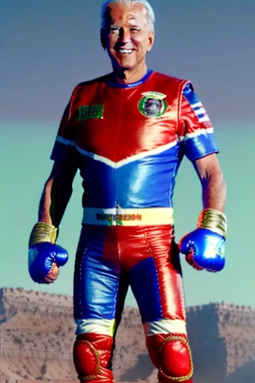 realistic image of joe biden as a mexican wrestling fighter, red and blue breeches, retro style, 80s, vibrant color, highly detailed, sky background, concept art, unreal engine 5, god rays, ray tracing, RTX, lumen lighting, ultra detail, volumetric lighting, 3d, finely drawn, high definition, high resolution.