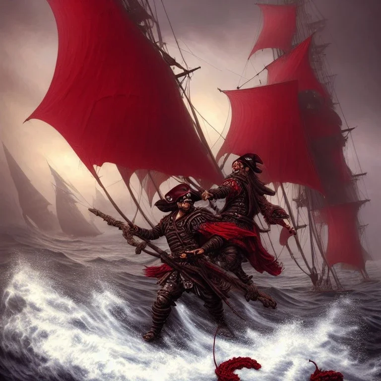 a pirate warriors in dark red full armor and mask, on his ship, a highly detailed illustration, background of giant crashing ocean waves, realistic render, 8 k, micro detail, intricate, elegant, centered, digital painting, Artstation, smooth, sharp focus, illustration, artgerm, tomasz alen kopera, peter mohrbacher, donato giancola, joseph christian leyendecker, wlop, boris vallejo