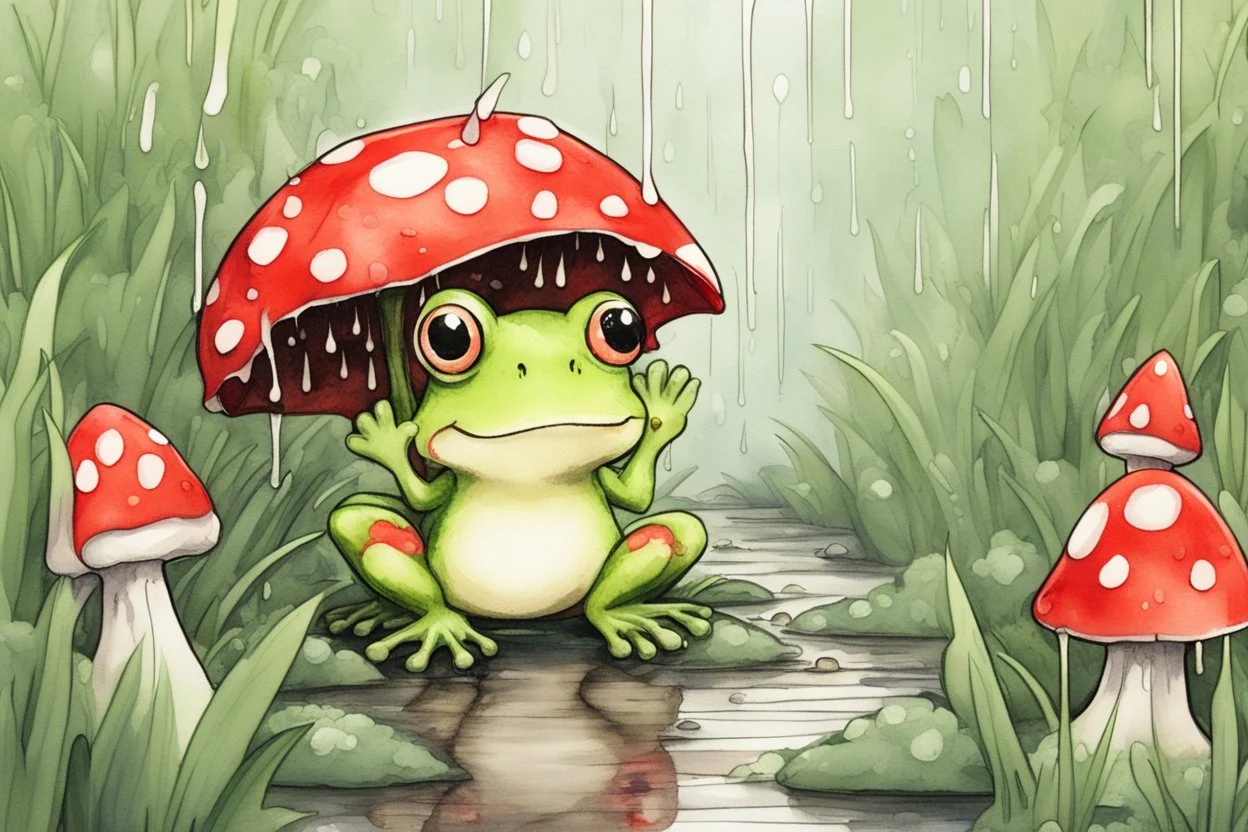 3D close-up of a very cute fluffy plushy chibi plush frog hiding from the rain under a red white spotted mushroom in the forest, puddles in front, grass and violets next to him, 3d effect melting watercolour on wet inked paper, black ink outline in sunshine, ethereal, cinematic postprocessing