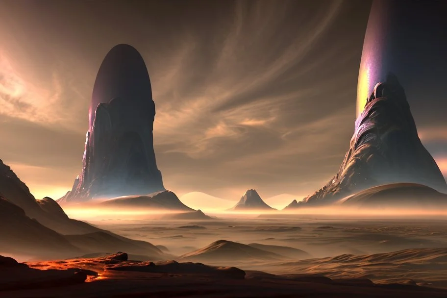 Alien landscape with Epic explanet with rings in the sky, valley, cinematic