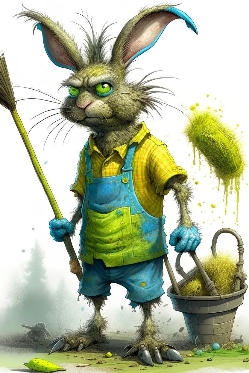 artist Jean-Baptiste style. A unhappy, disgruntled biomorph skinny fuzzy-headed old dust Bunny. skinny arms, legs, and body covered all over with bits of dust and dirt. blue eyes. A yellow dotted green raggedy apron. holding a mop and pail. standing in a cloud of dust. large bits of dirt flying around his head. style of Tim Burton.