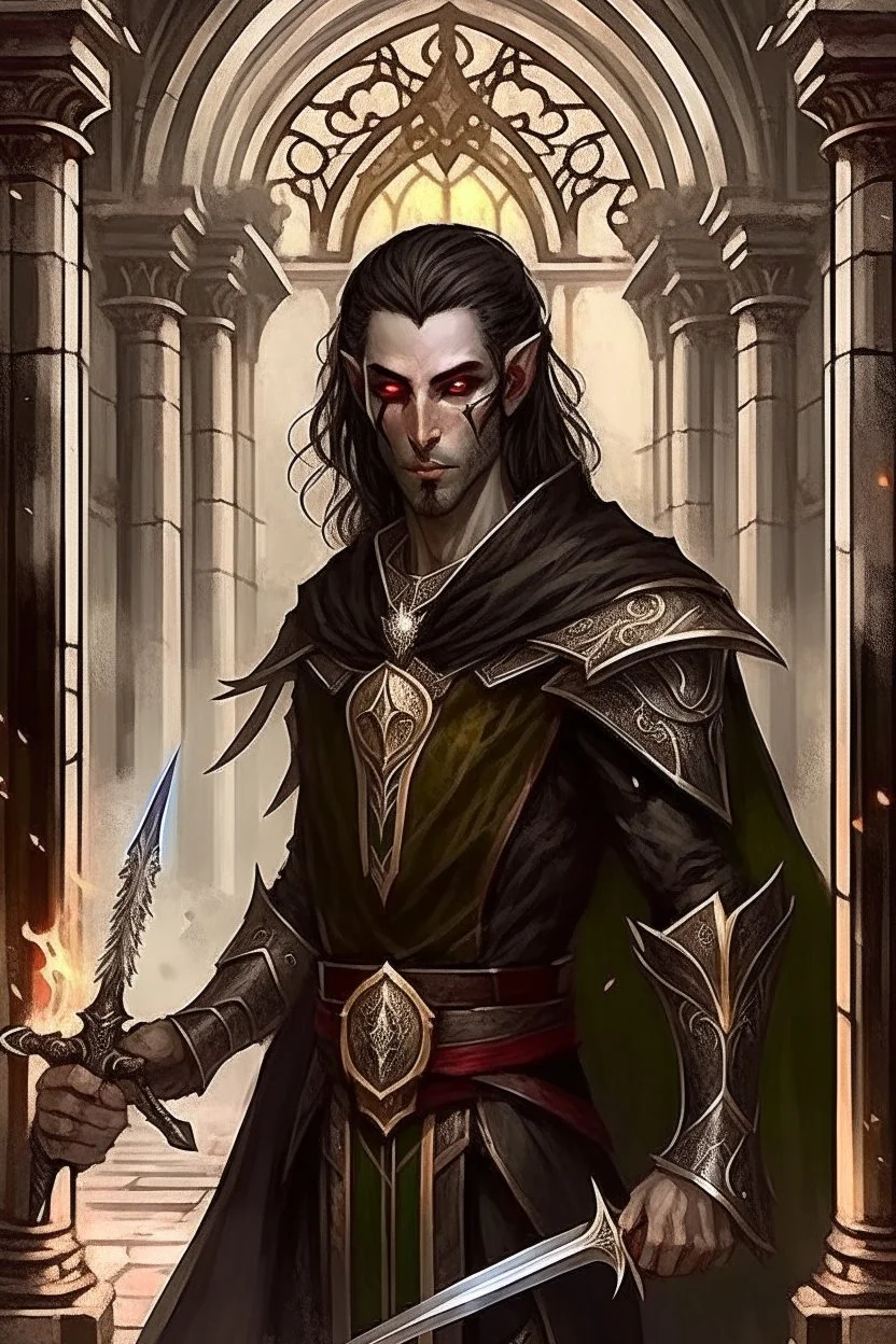 full length, mantle, black cloth, long spear in left hand, dark green eyes, the character is not too close to the camera, background dark hall with columns,