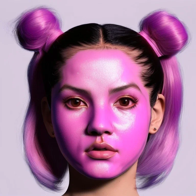 perfect symmetry,Rosalía artist, porcelain material skin mask on face, pink eyeliner, pigtails hair, gold, pink, geisha, led lights, fog, rain, latex, vibrant color, highly detailed, art stations, concept art, smooth, unreal engine 5, god rays, ray tracing, RTX, lumen lighting, ultra detail, volumetric lighting, 3d, finely drawn, high definition, high resolution.