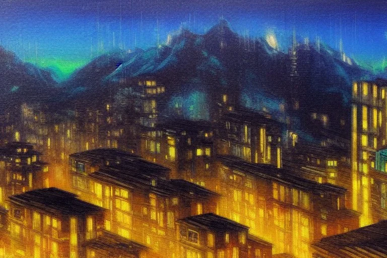 Night, cyberpunk buildings in the mountains, tendency to science fiction, impressionism painting