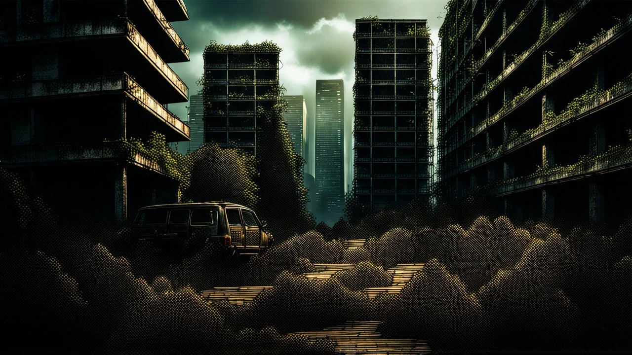 post-apocalyptic urban landscape with overgrown nature