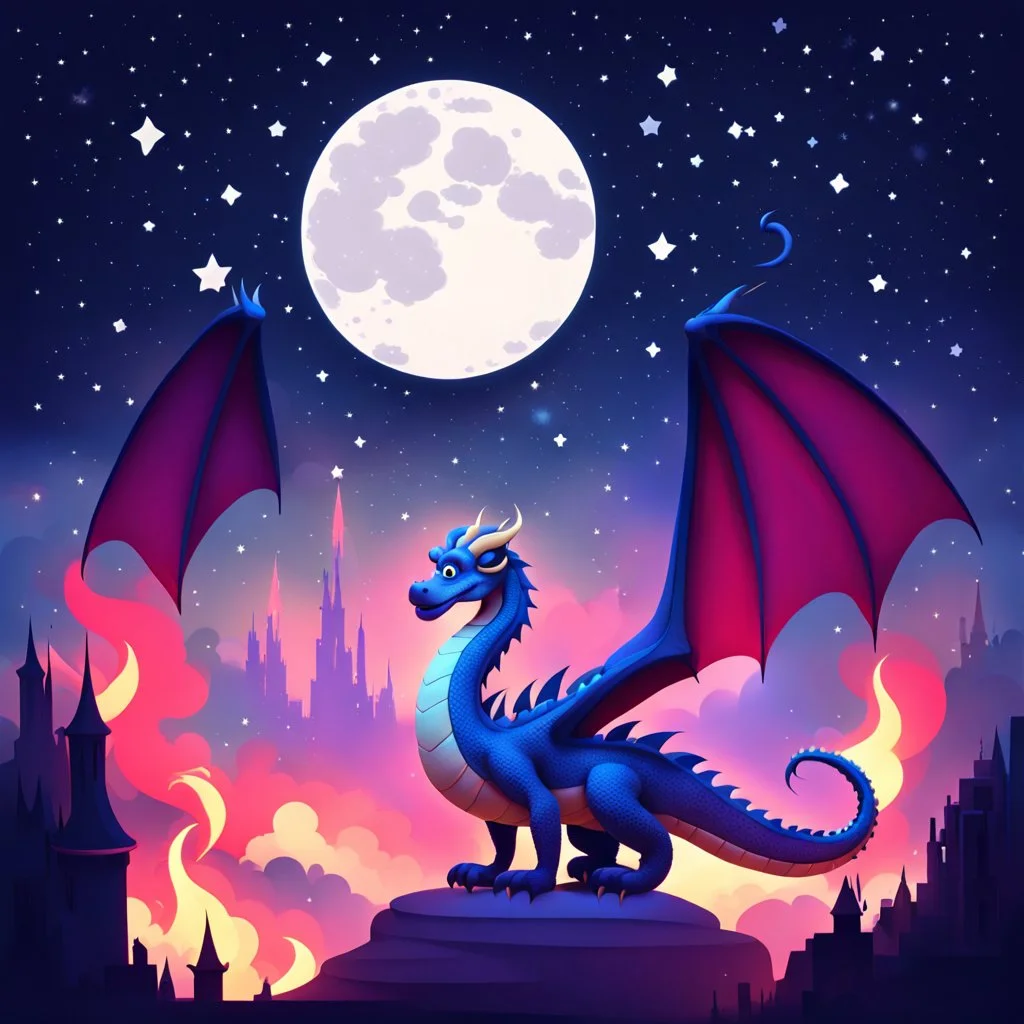 Pixar Disney Style, Dragon, Fire and Smog, Gothic, in the Background we see Stars and moons, Fadeborder around the image.