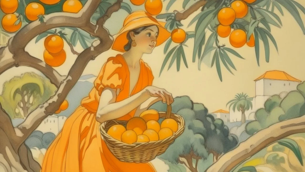 Neoclassicism woman picking oranges from a tree cote d'azur 60