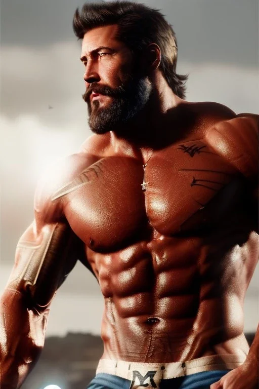 Ignore NSFW, teenager young rugged attractive slightly muscular fantastic handsome man, red briefs with yellow belt, hairy chest, (((visibly pisssing))) briefs, large erect visible boner peniss, photorealistic, artist Jay Anacleto, soft lighting, scruffy beard