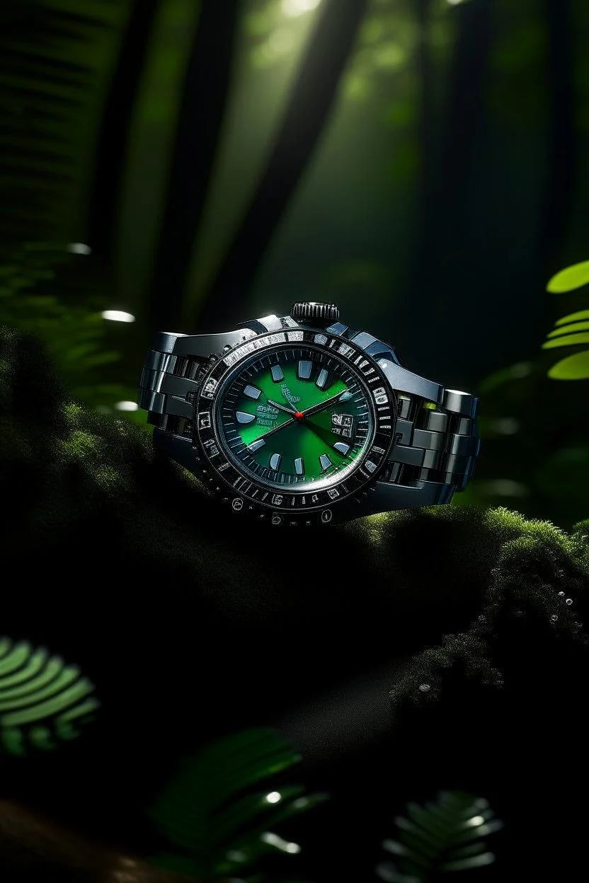 Generate an image of the Cartier Diver watch in a serene forest environment, emphasizing the stability of nature and the watch's enduring design.