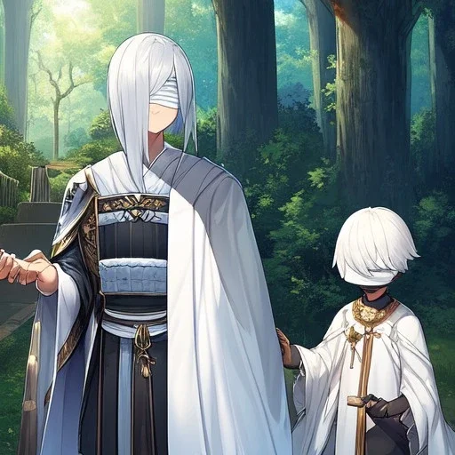 Girl with white hair wearing white robes and a blindfold. Boy with black hair wearing old leather armor. Forest path background