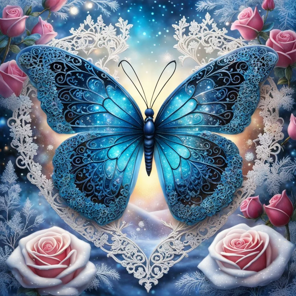 Beautiful filigree lacey butterfly, winter wonderland background, triple frosted heart with bi colored roses, glitter, glowing, transparent, sparklecore, Thomas Kinkade, realistic painting, 8K