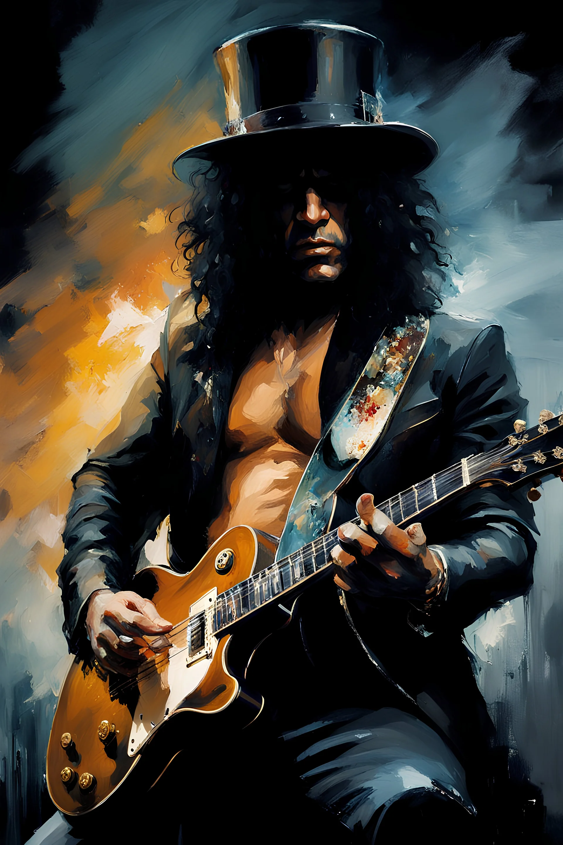 slash playing his guitar while smoking :: dark mysterious esoteric atmosphere :: digital matt painting with rough paint strokes by Jeremy Mann + Carne Griffiths + Leonid Afremov, black canvas