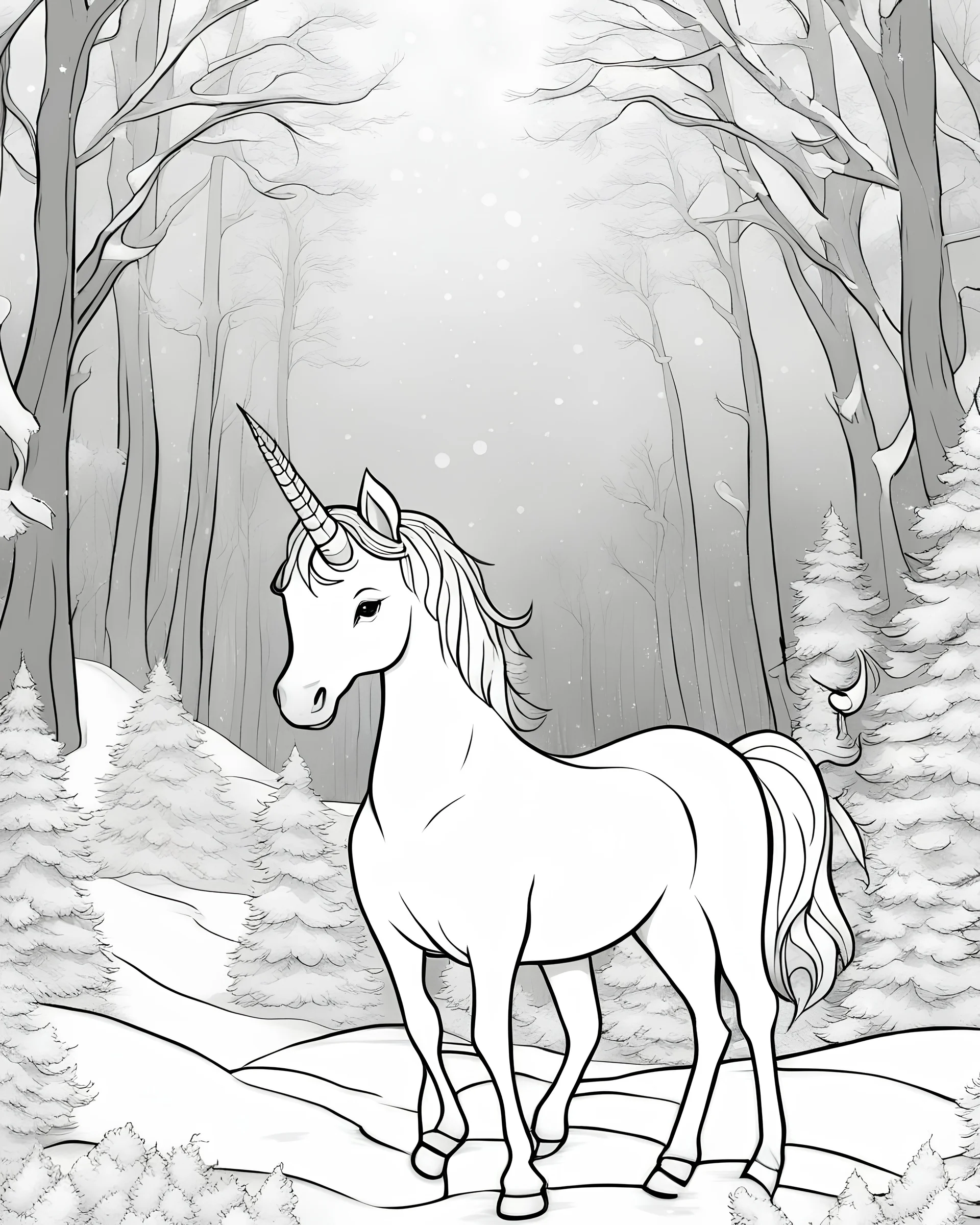 outline art for a cute unicorn surrounded by snowy forest, coloring page, white background, sketch style, full body, only use outline, Mandala style, clean line art, white background, no shadows and clear and well outlined