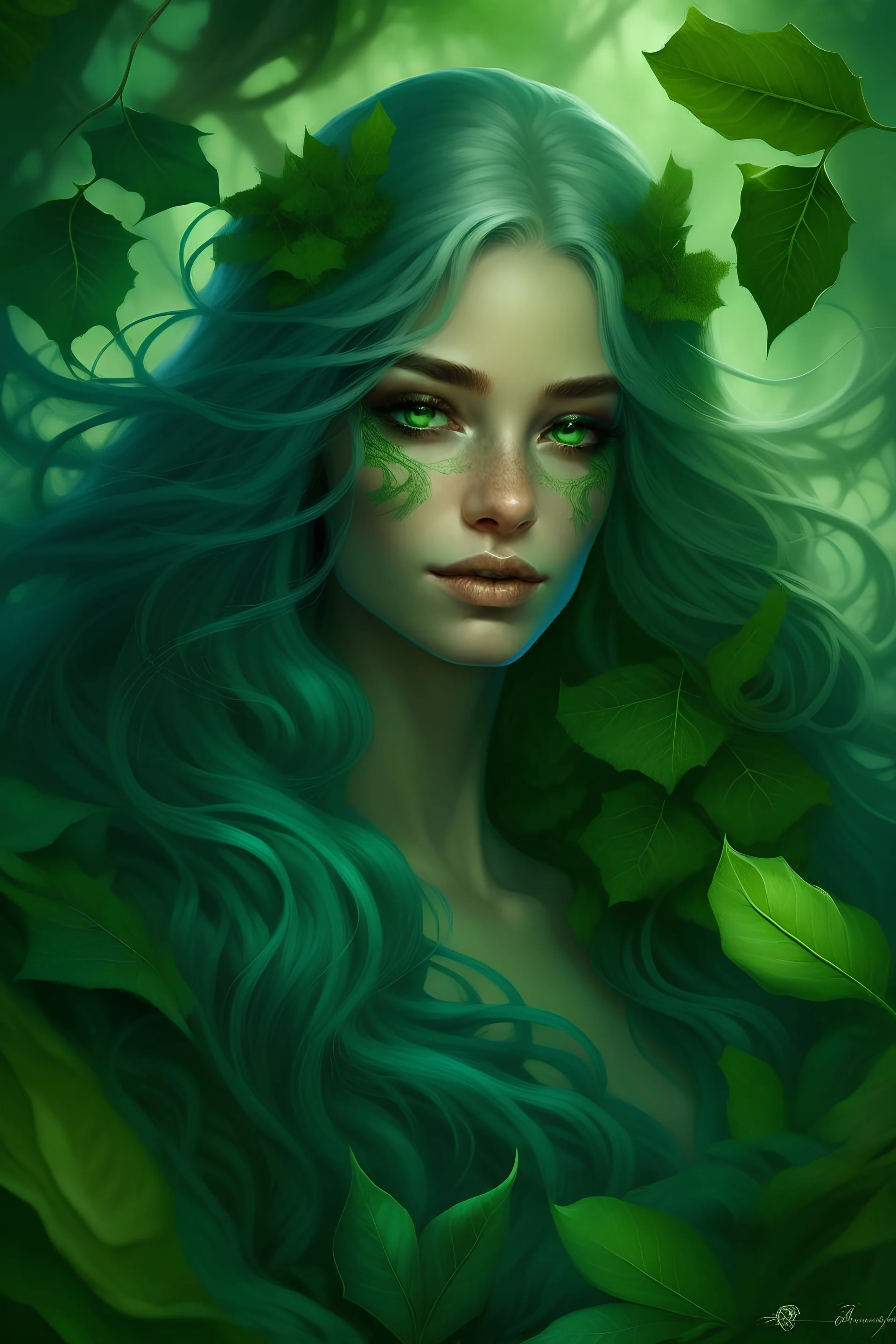 dungons and dragons Seraphina has long, wavy hair in a deep shade of green that mimics the color of succulent leaves in spring. Her eyes are a vibrant emerald green that reflects the wisdom and power of nature. Fine lines can be seen on her skin in a pattern of leaf veins that extend across her arms and face, as if nature itself had drawn them. She wears simple clothing made from natural materials that protect her from the elements but also do not hinder her movements. A tunic, whole body pictur