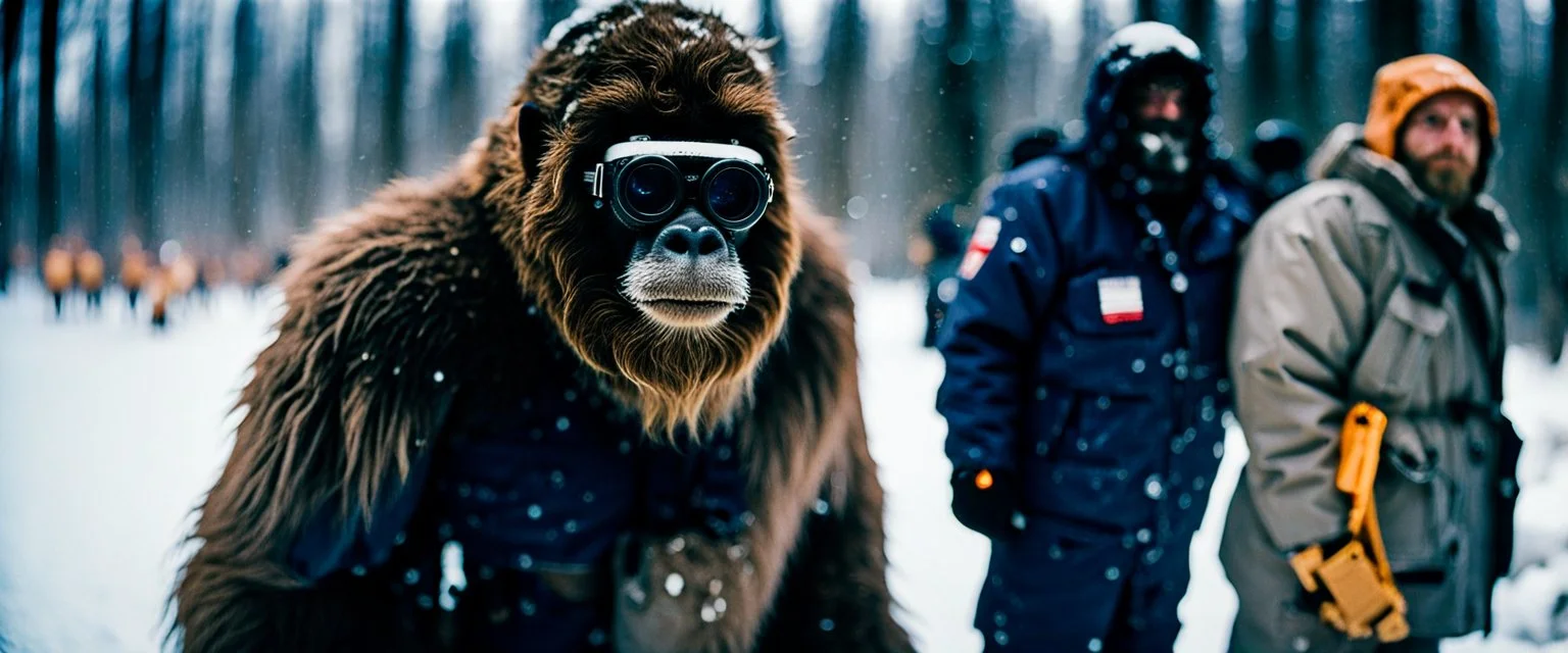 close up documentary photography, Baby Yeti, young curious Bigfoot, scientist, Dystopian, Hyper detailed, realistic fur, Japanese, Extreme depth of field, bokeh blur, winter, blizzard, Alberta, all-natural, in the style of candid, imperfection, natural lighting, Professional shot, shot on Agfa, Fuji Film, Anamorphic lens, 1990s, --ar 4:5 --w 150 --style raw