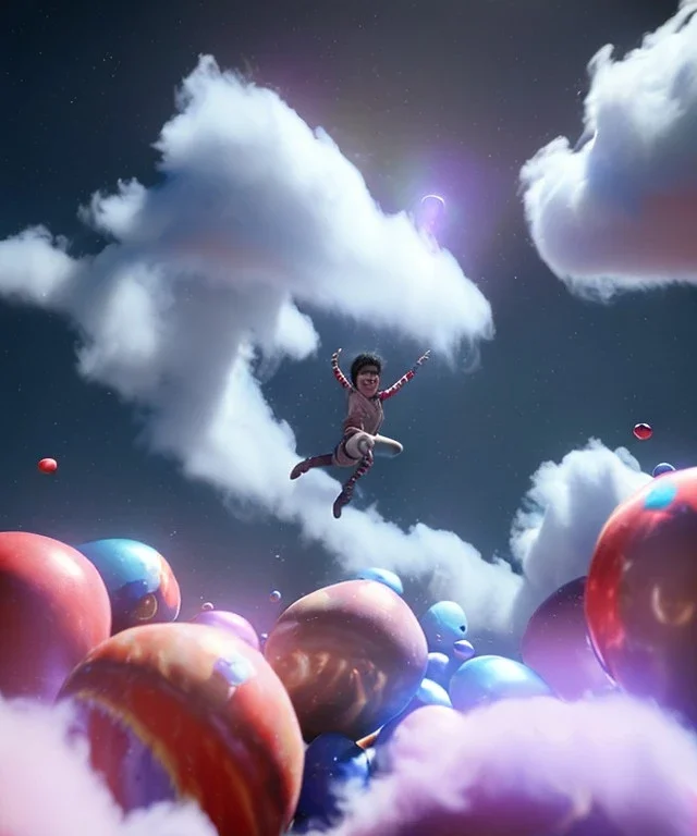 Ultra realistic speed clouds sky scene, wide angle view, strong men falling down with many Childs, circus clothing style, feather color clothing, free jumping flying, many trinkets, hair monster, many jelly beans, balls, color smoke, smile, happy, extreme, wind, clouds sea, 20,000 feet altitude, stratosphere, soft color, highly detailed, unreal engine 5, ray tracing, RTX, lumen lighting, ultra detail, volumetric lighting, 3d, finely drawn, high definition, high resolution.