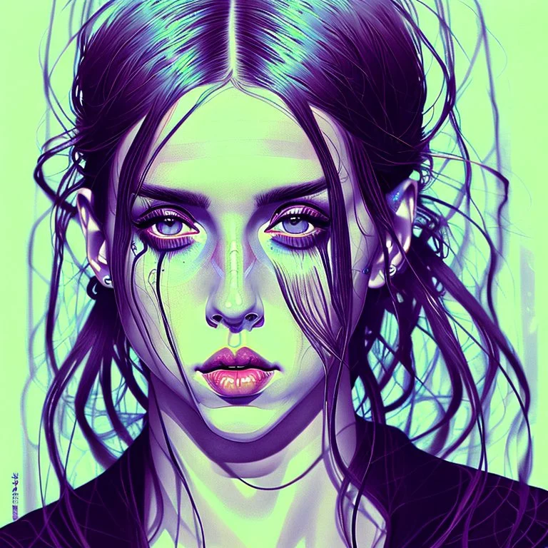 A beautiful portrait painting of a Singer Danish MØ face by Katsushika Hokusai, beautiful cyberpunk huge girl, symmetry, hyperdetailed, illustration darkblue tones,