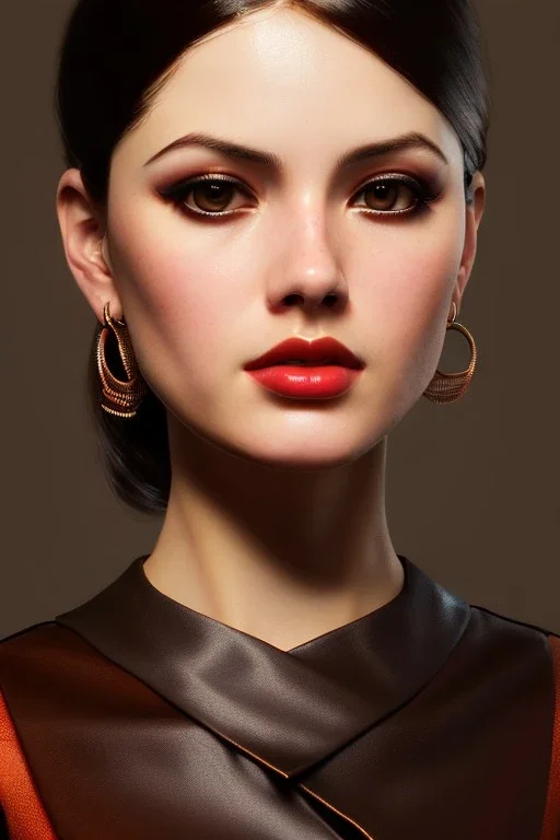 young woman, brown hair, dark orange eyes, hoop earrings, red blouse, elegant, dark eyeshadow, black eyeliner, high arch angular eyebrows, head and shoulders portrait, 8k resolution concept art portrait by Greg Rutkowski, Artgerm, WLOP, Alphonse Mucha dynamic lighting, hyperdetailed, intricately detailed, Splash art trending on Artstation