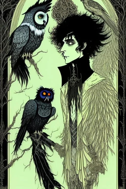 black haired young man necromancer wizard with gothic jewelry and Feathery owl-like hair, has the lower legs of an owl, in the style of Harry Clarke