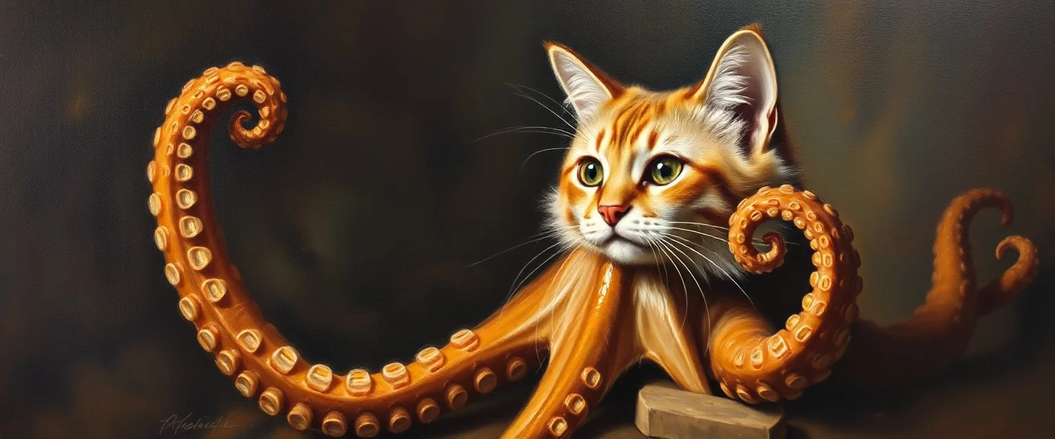 master oil painting by Rembrandt, cat octopus