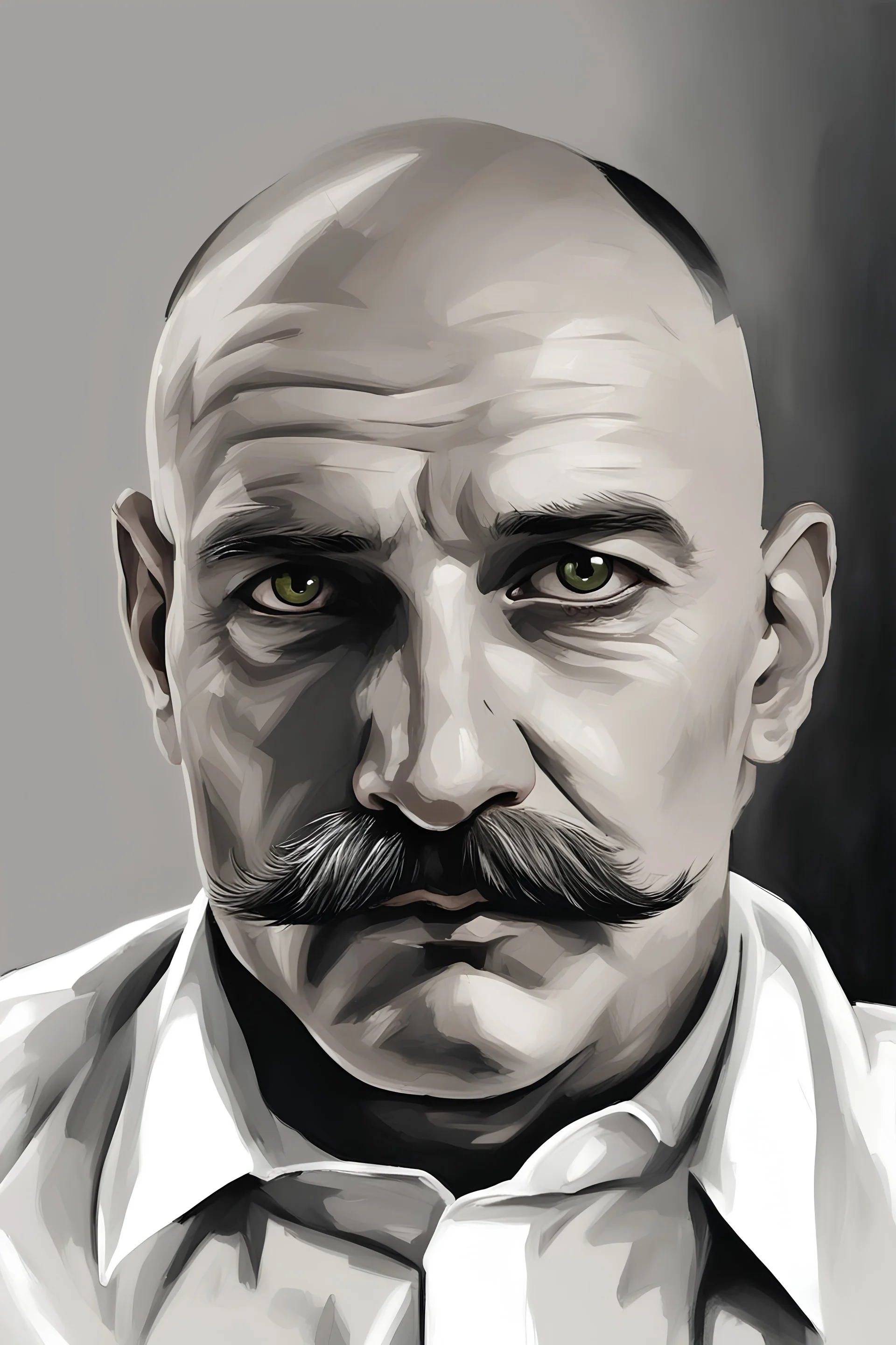 Cat's eyes. Oil portrait style. Dark palette. Waist-high. A man of 40 years old. Bald. Huge black mustache. White shirt