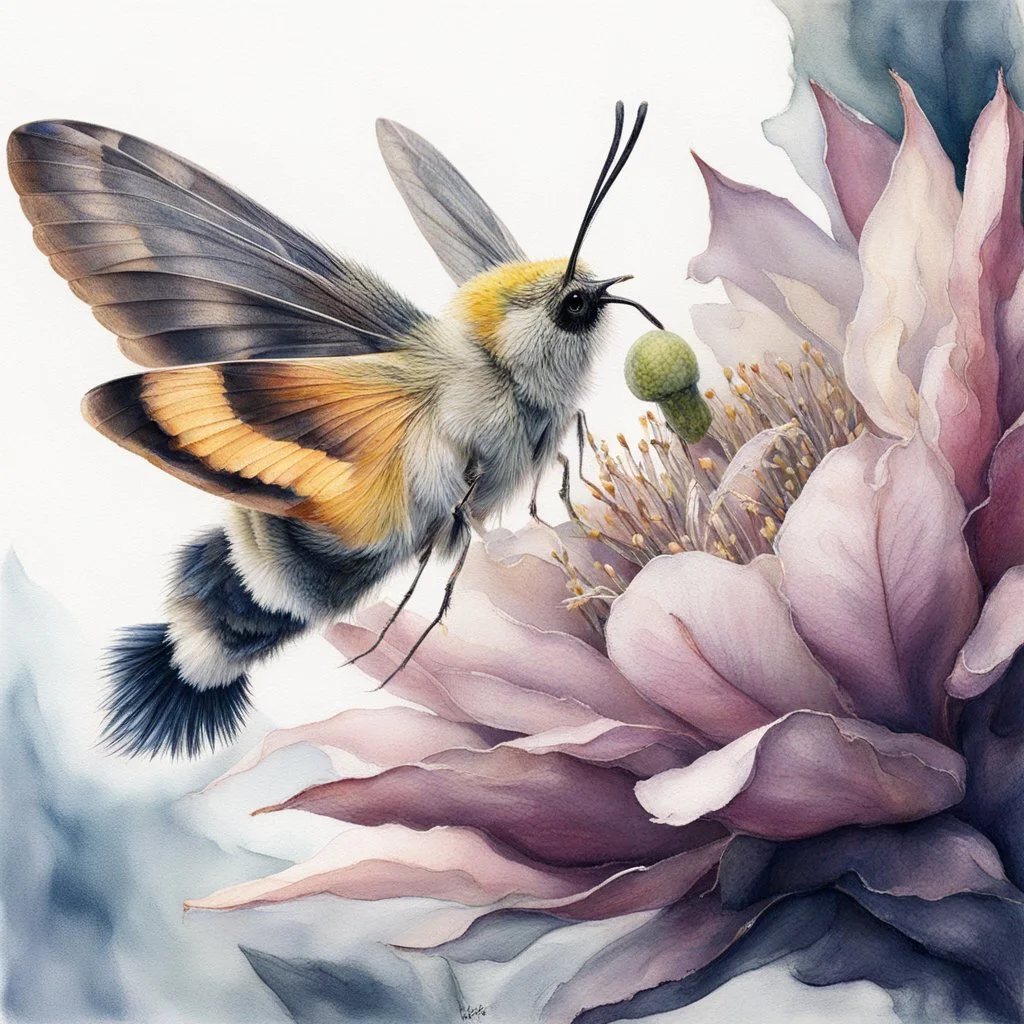 Macro botanical painting, hummingbird moth and dragonfruit flower. Blend of Japanese Nihonga style and modern watercolor. Use of metallic gold ink for fine details. Palette: Deep Prussian blue, ivory white, muted violet, and pale ochre. Sharp focus on the moth's textured body and the delicate stamen. Soft, blurry watercolor bleed in the background. High contrast, elegant composition, organic textures. Modifiers: elegant intricate 4k very attractive beautiful fantastic view ul