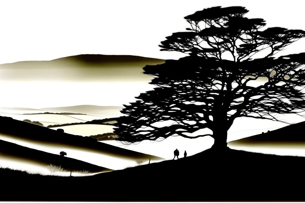 silhouette white background of beatuful scenic picture castleton peakdistrict uk from a distance scenery painting