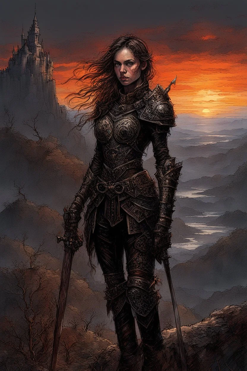 A formidable warrior girl in black armor, on the background Amazing gloomy landscape, flooded with sunset, mountains, trees, fabulous scary hero, , juicy emotions, painting, dark fantasy, gloomy day, dark world, portrait, Gothic Town At Night, Fantasy, Intricate Details, Castle Courtyard Gardens, Hyper Detailed, Jean Baptiste Monge, Carne Griffiths, Michael Garmash, Seb Mckinnon, Masterpiece