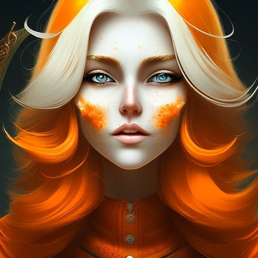 fantasy setting, woman, orange and white hair, wavy hair, freckles, ranger, more orange hair, more white hair,