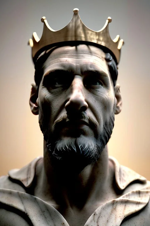 Ultra Realistic image, Roman sculpture, white marble material, Lionel Messi, gold crown of natural thorns, god crown, baroque ornaments, sun rays background, waist up portrait, epic, celestial, cinematic lighting, God lights, 4k resolution, smooth details, soft lighting, unreal engine 5, art station, substance 3d.