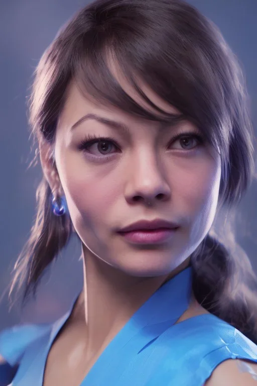 kristin kreuk face, street fighter blue chun li clothes, portrait busty and face, wearing blue dress, light effects, particles,