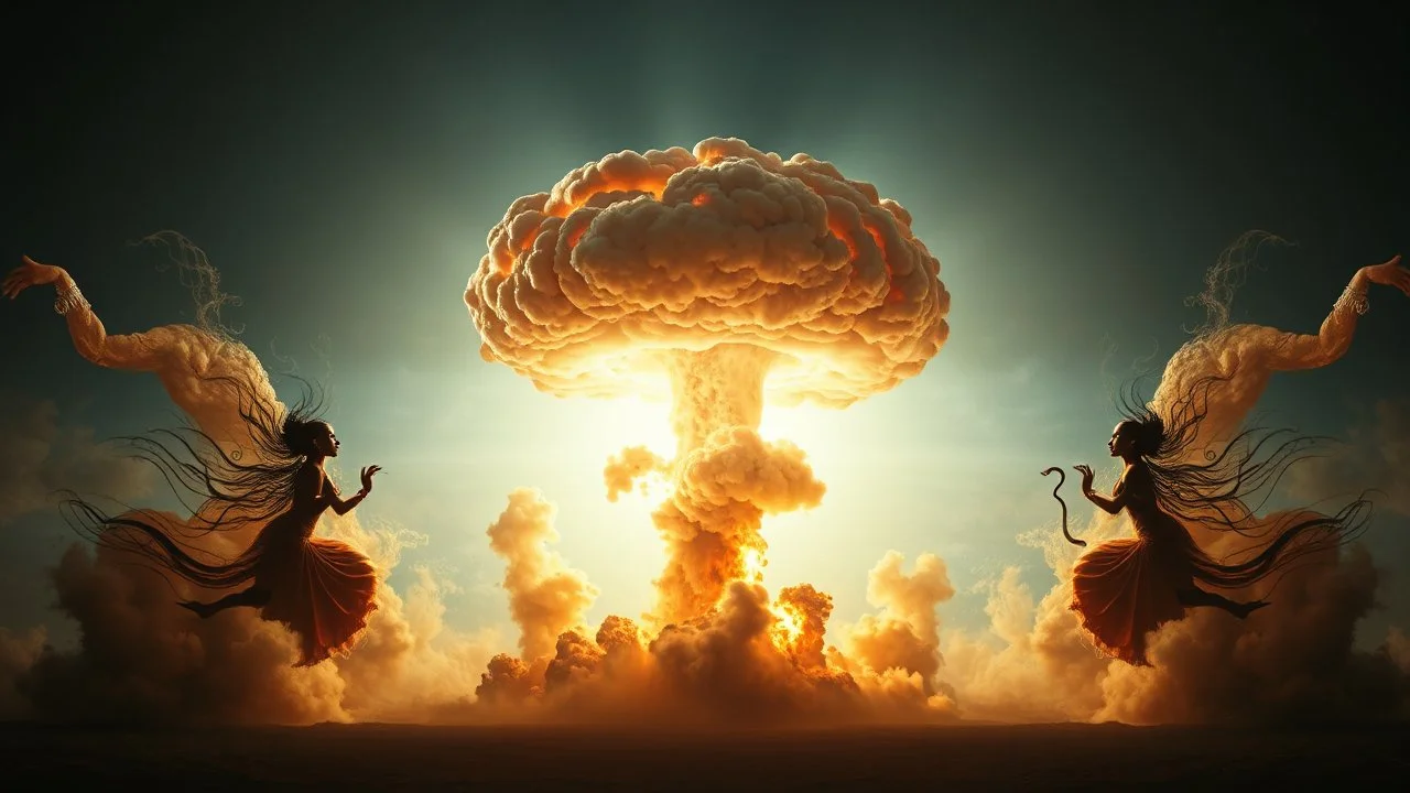 a nuclear explosion cloud(middle), the wind and smoke from the explosion forming shapes of dancing india women(left and right sides), religiose art