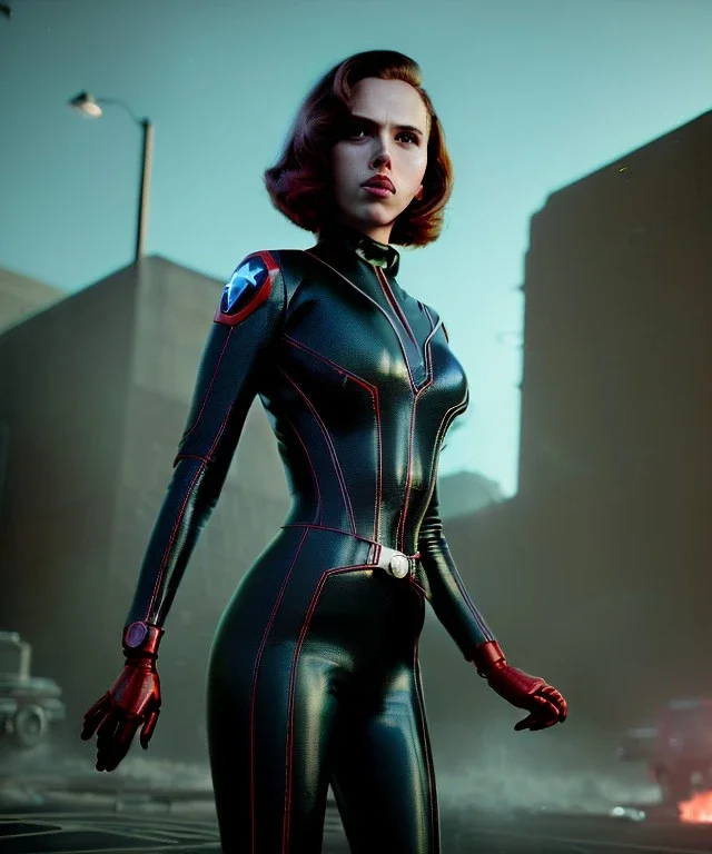 retro sci-fi portrait image from 1960, supermarket parking explosion, fire, classic black widow, young Scarlett Johansson, classic black tight lycra latex suit, retro superhero style, soft color, highly detailed, unreal engine 5, ray tracing, RTX, lumen lighting, ultra detail, volumetric lighting, 3d, finely drawn, high definition, high resolution.