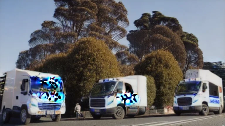 A police Tesla Cybertruck is chasing a Tesla 'Model S Plaid' at top speed, across the 'Golden Gate Park', in San Francisco. CINEMATIC. WIDE ANGLE LENS. PHOTO REAL.