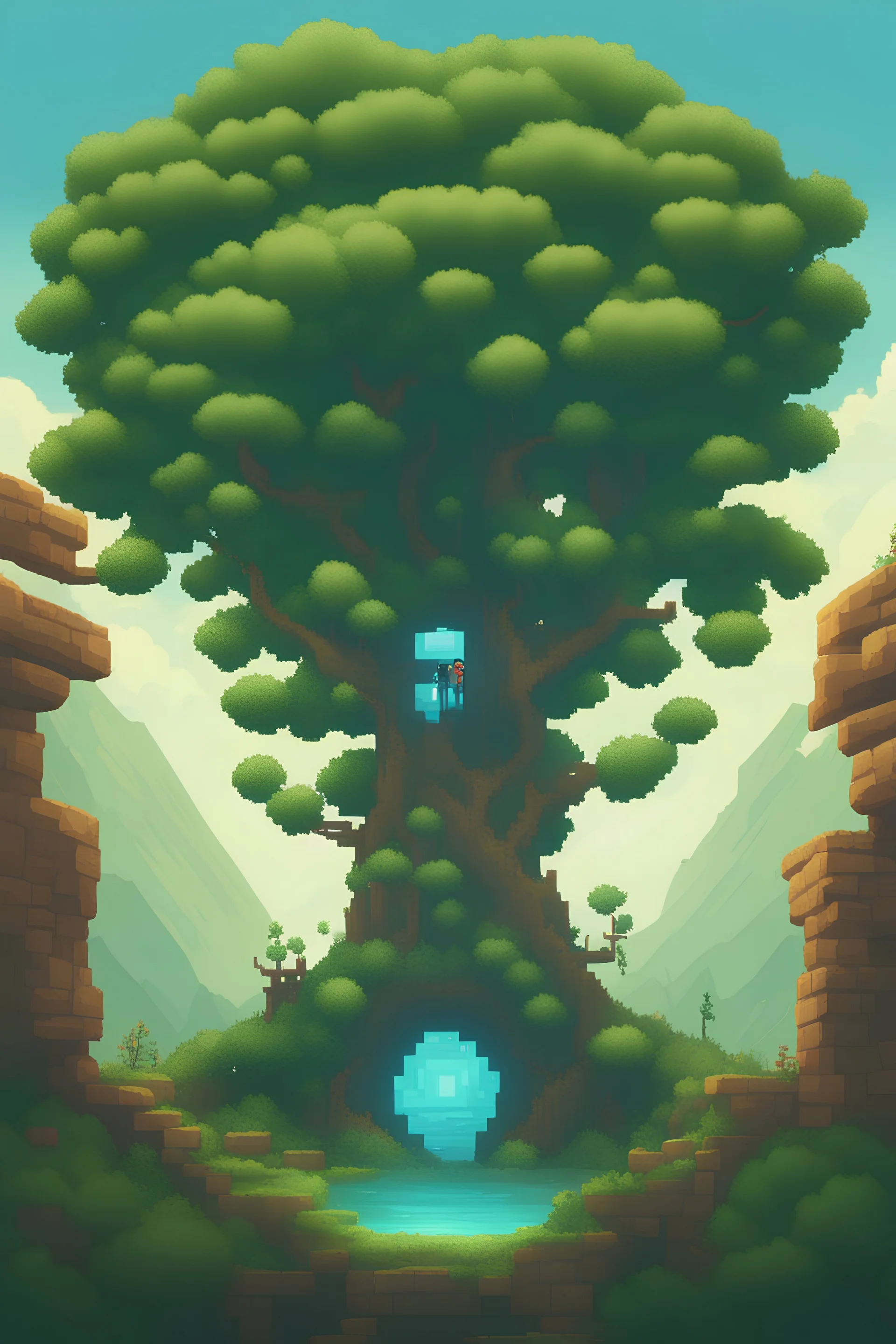 a pixel tree that sprouts in the shape of a portal for the 2d sidescroller game