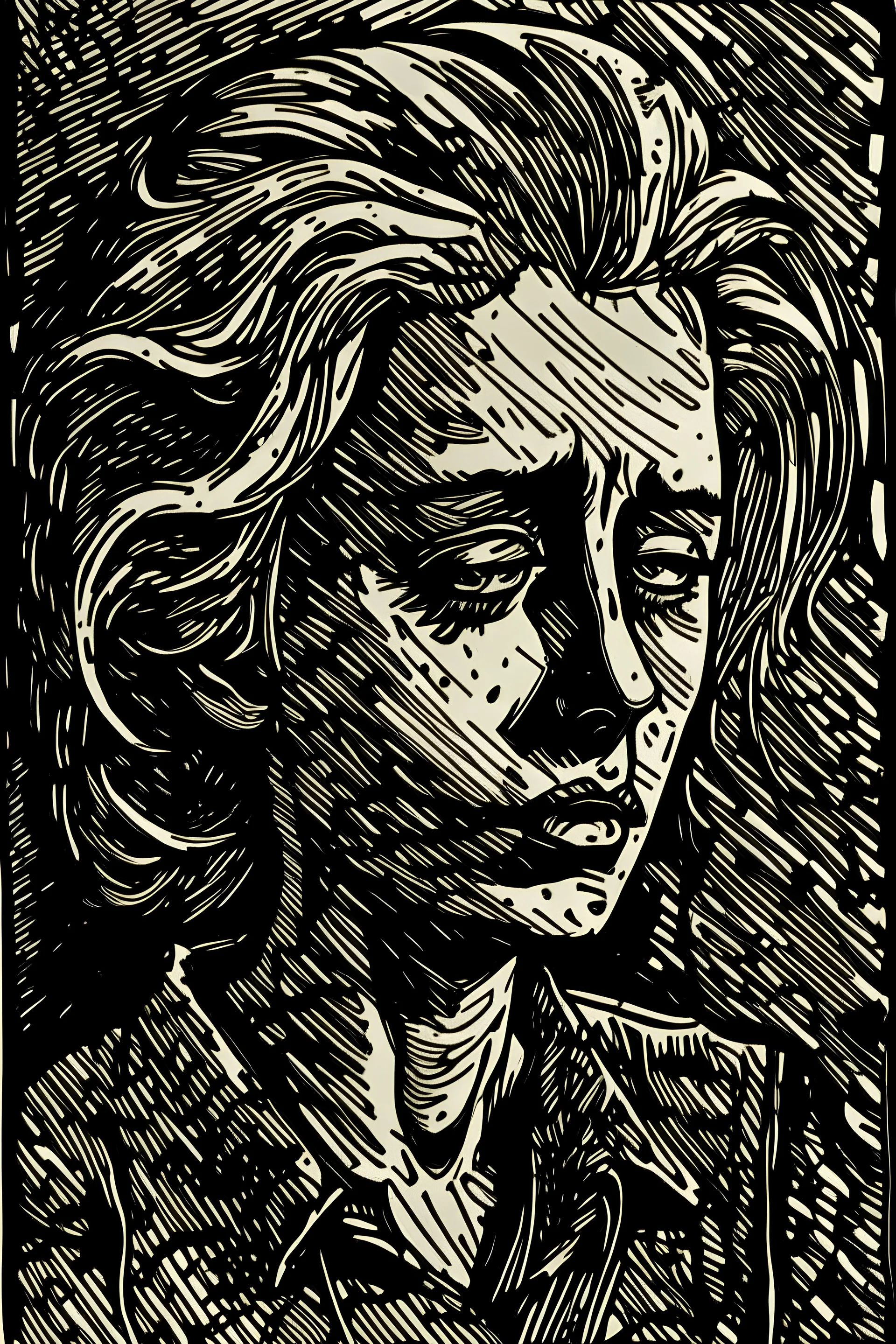 create an abstract, deeply powerful tragic and evocative, portrait woodcut of a raw and weathered gothpunk female with highly detailed and deeply cut facial features, lost in a horrific post apocalyptic world, in the style of KATHE KOLLWITZ , searing lines and forceful strokes