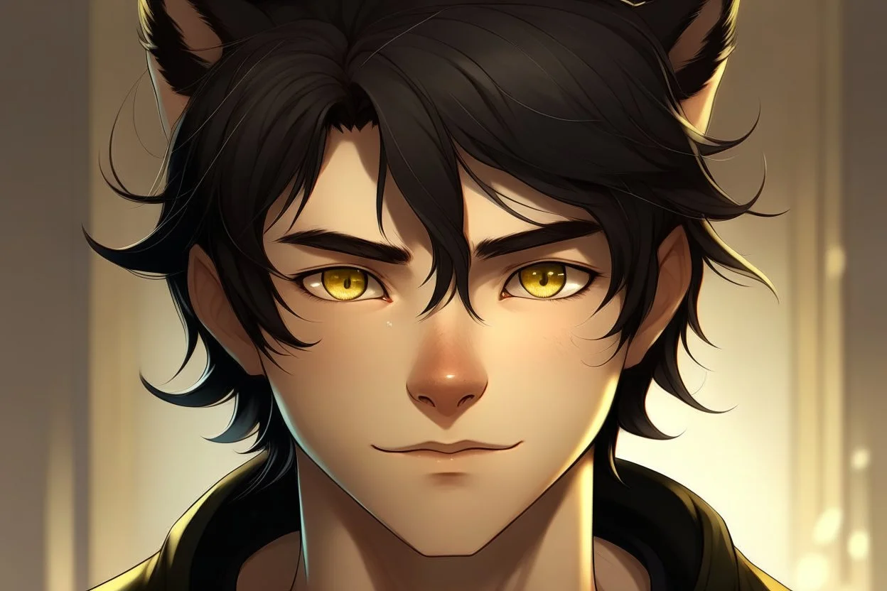 A young adult male with messy black hair, gold eyes, black cat ears, realistic, slight smile