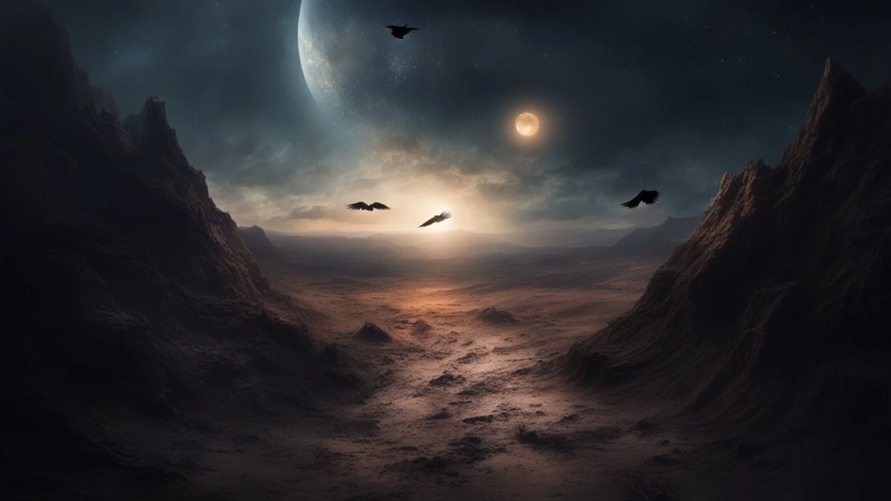 Crow in a space, at the end of the time, very realistic